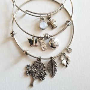 3 bangle bracelets with charms silver tone